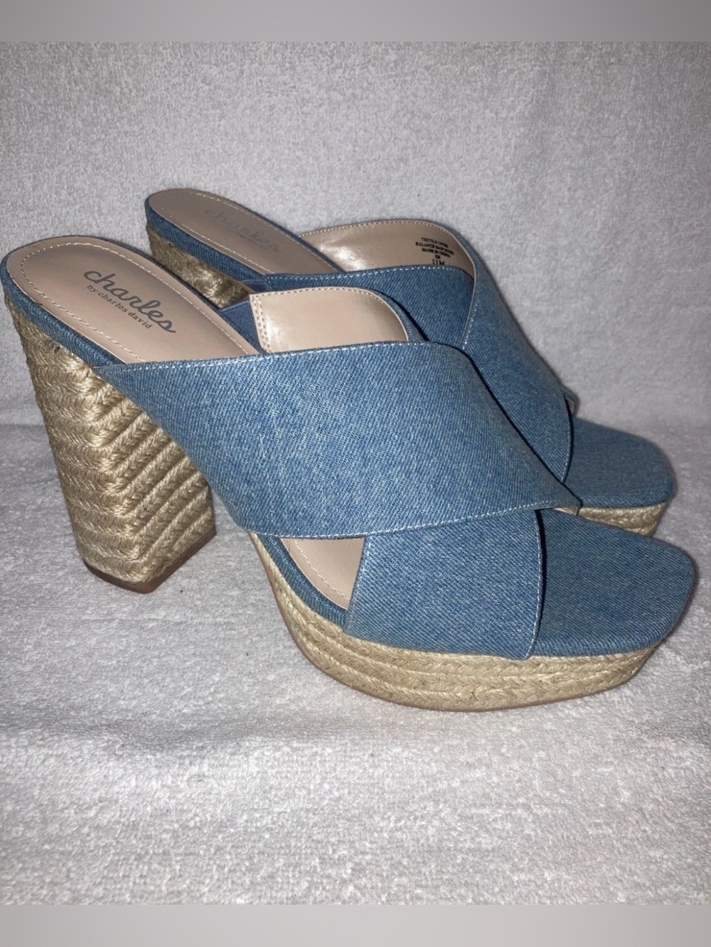 Charles By Charles David Denim Platform Espadrille Heeled Sandals Slides Sz 11 M